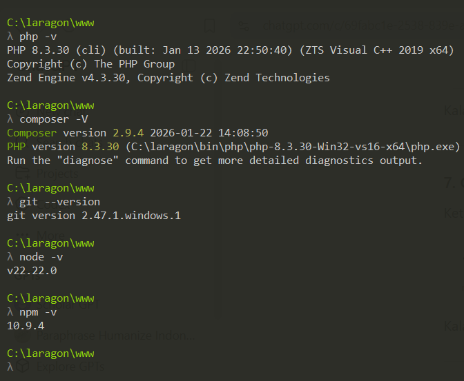 Pengecekan versi PHP, Composer, Git, Node JS, dan NPM